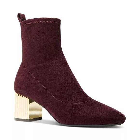 NEW Michael Kors Woman's 7.5 Porter Boots Suede Merlot Burgundy Gold Block Heel - Picture 1 of 12